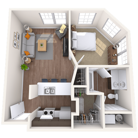 Floor plan for 1 bed, 1 bath, 727 sqft